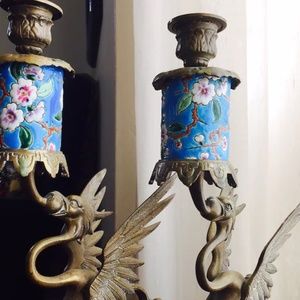 Pair of Antique French Brass and Enamel Griffin Candlesticks, 1920's